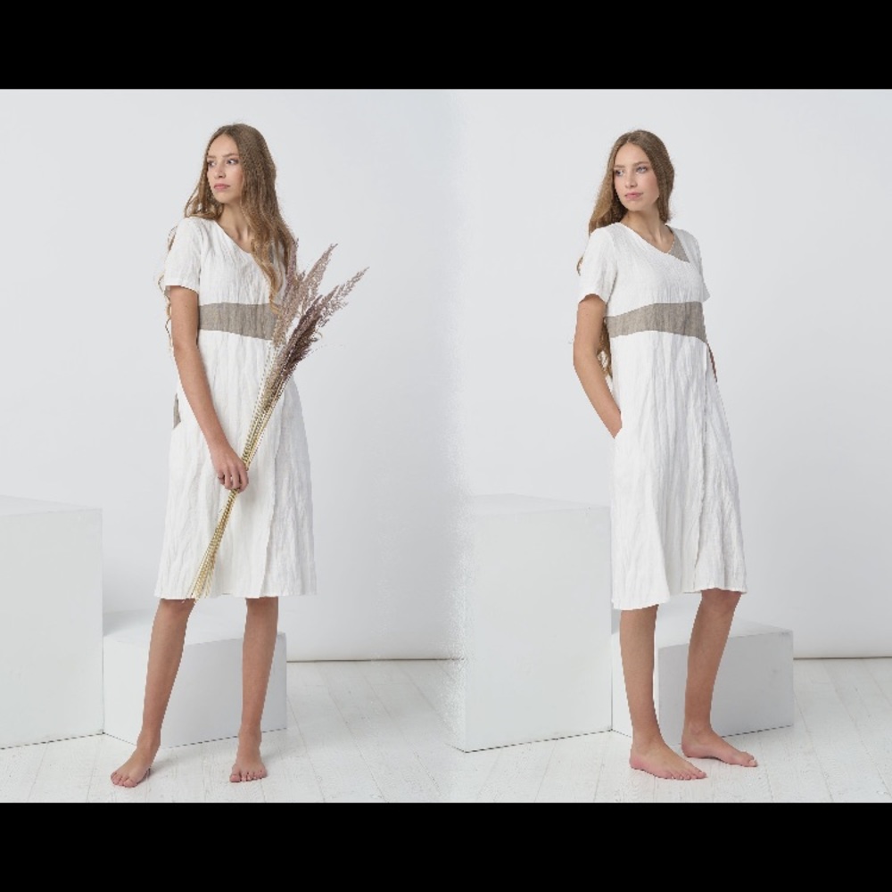 White and Tan Linen Dress